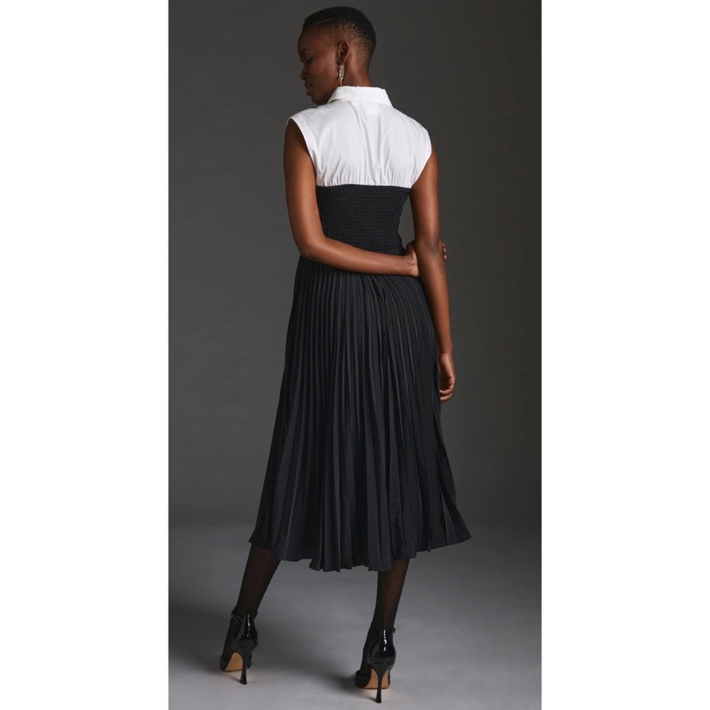 Anthropologie Black and White Pleated Midi Shirt Dress - Picture 2 of 10